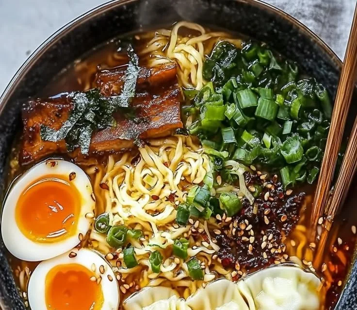Cozy dumpling ramen bowl with fresh ingredients and steaming broth
