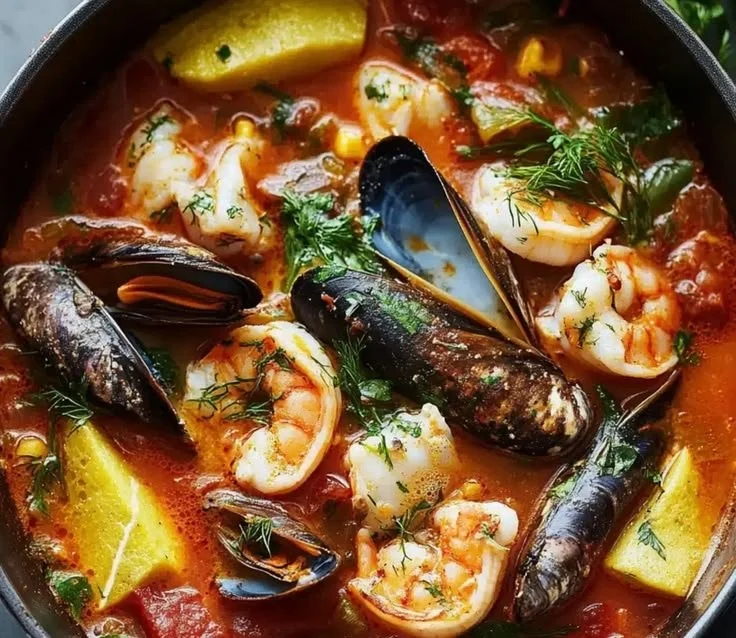 Delicious cozy one-pot seafood stew with fresh ingredients and ocean flavors