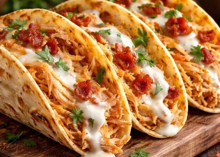 Delicious Crack Chicken Tacos served with fresh toppings and herbs