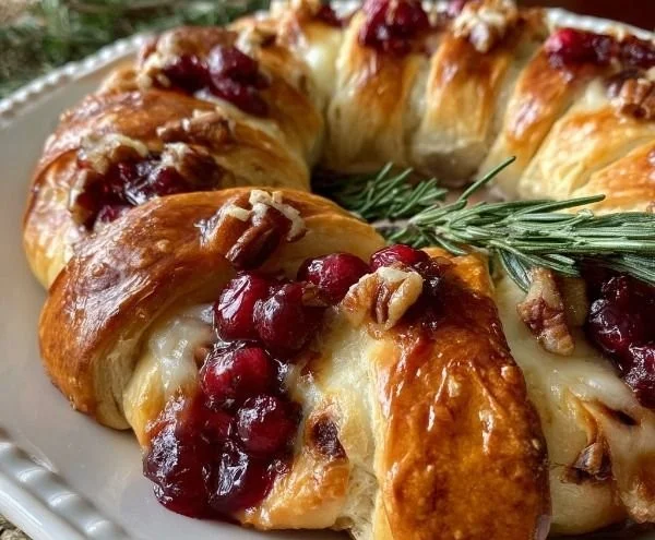 Cranberry Brie Crescent Ring served on a festive platter with fresh herbs