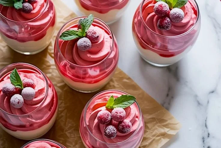 Delicious cranberry mousse cups garnished with fresh cranberries