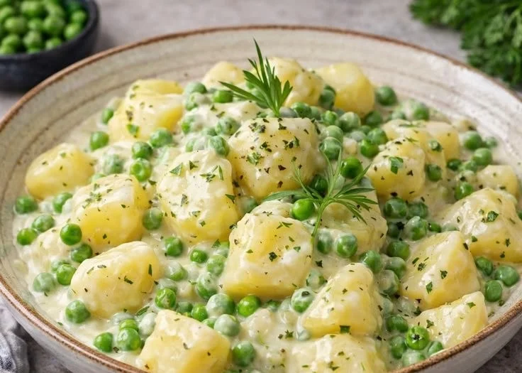 Creamed peas and potatoes served in a bowl, garnished with herbs