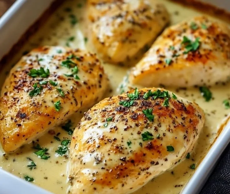 Creamy baked chicken dish served with herbs and spices, garnished for presentation.