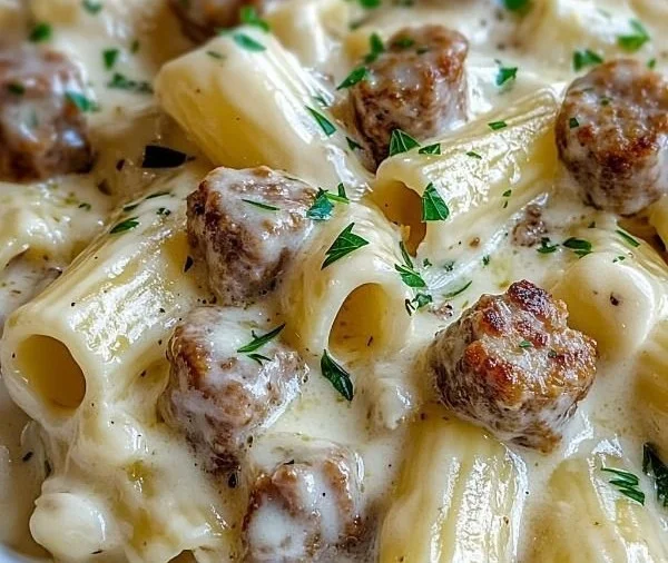 Creamy Beef Sausage Alfredo Rigatoni served in a bowl with parsley garnish