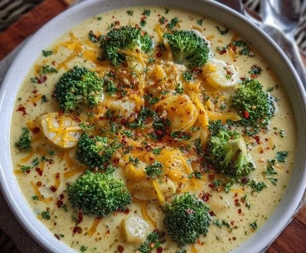 Bowl of creamy broccoli potato cheese soup topped with fresh herbs