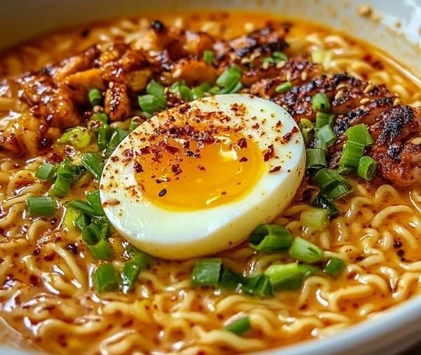 Creamy Buldak Ramen topped with a soft-boiled egg and garnished