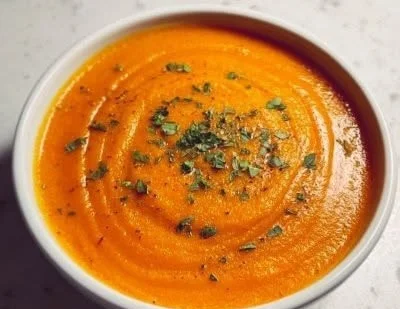 Bowl of creamy carrot lentil soup garnished with fresh herbs