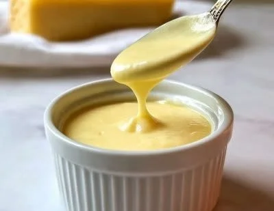 Creamy cheese sauce drizzled over pasta and vegetables in a bowl