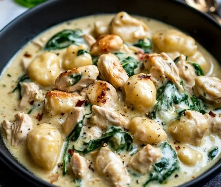 Creamy chicken and gnocchi dish served in a bowl with herbs