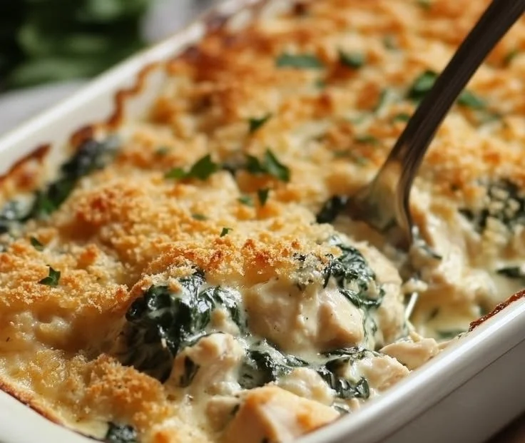 Creamy chicken and spinach casserole ready to serve, a comforting dish for dinner.