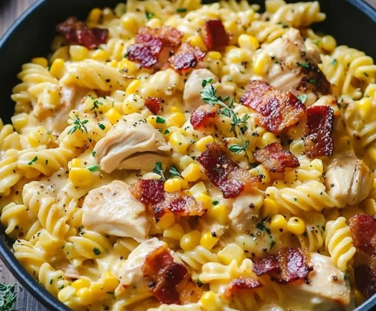 Creamy chicken pasta with bacon and corn on a white plate
