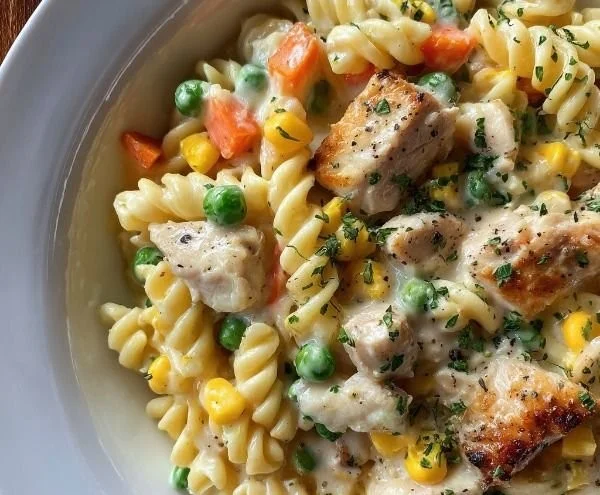 Creamy chicken pot pie pasta served in a bowl, garnished with herbs.