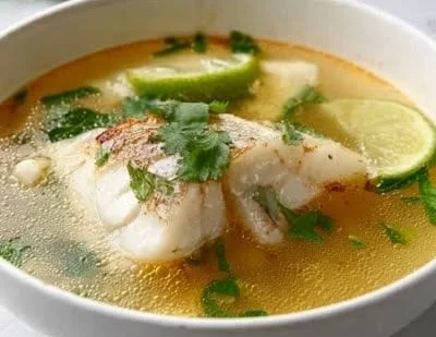 Creamy coconut lime fish soup in a bowl topped with herbs