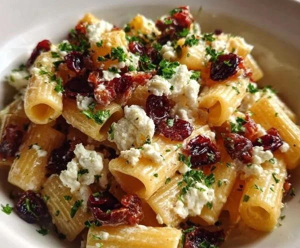 Creamy Feta and Cranberry Rigatoni Salad in a bowl with fresh ingredients