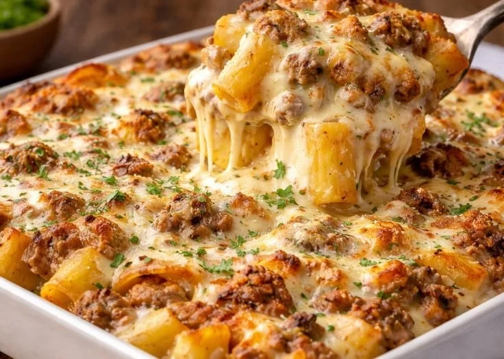 Creamy Ground Beef Alfredo Pasta served in a bowl with fresh herbs