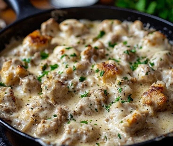 Creamy ground beef and shells with a rich tomato-cream sauce in a bowl.