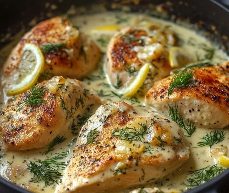 Delicious creamy lemon chicken pasta dish garnished with herbs
