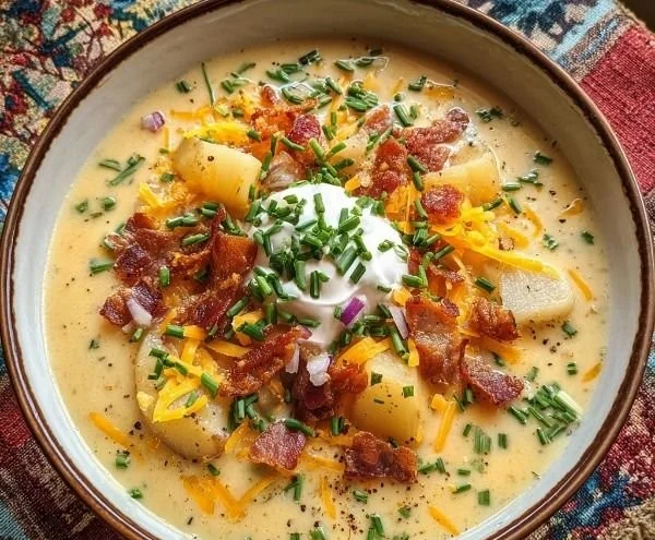 Creamy loaded baked potato soup topped with cheese and bacon