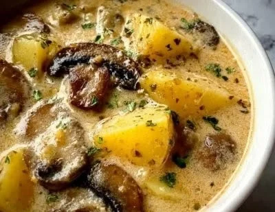 Creamy mushroom and potato soup in a bowl, garnished with fresh herbs.