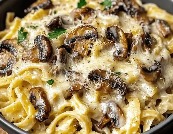 Creamy mushroom gruyere pasta dish topped with fresh herbs and cheese