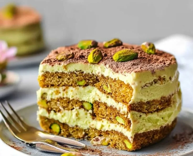 No egg pistachio tiramisu dessert on a plate with a sprinkle of pistachios
