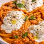 Creamy red pepper pasta garnished with burrata cheese and fresh herbs