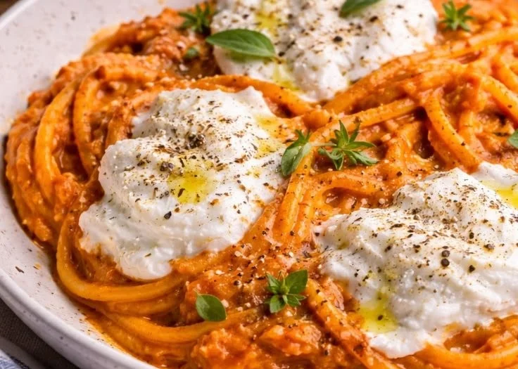 Creamy red pepper pasta garnished with burrata cheese and fresh herbs