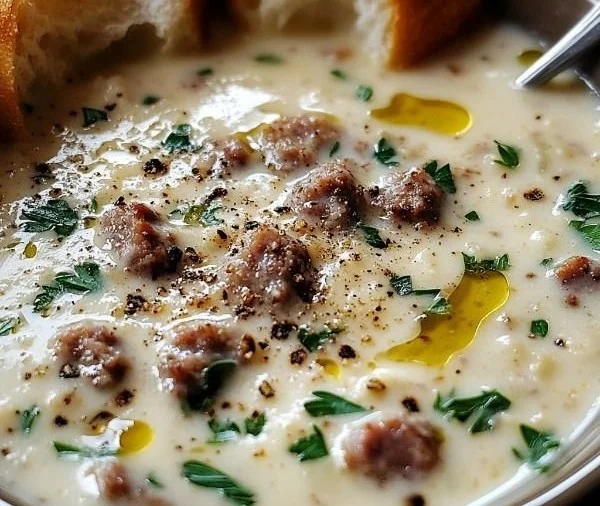 A bowl of creamy sausage soup garnished with herbs.