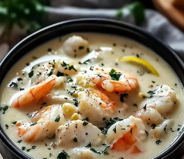 Creamy seafood chowder topped with fresh herbs in a rustic bowl