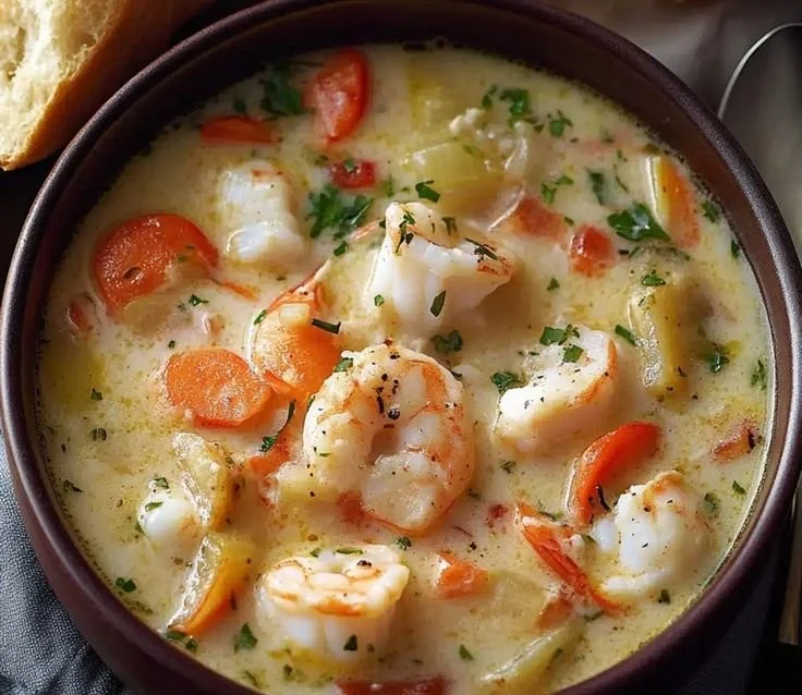 Bowl of creamy seafood chowder garnished with herbs on a cozy table