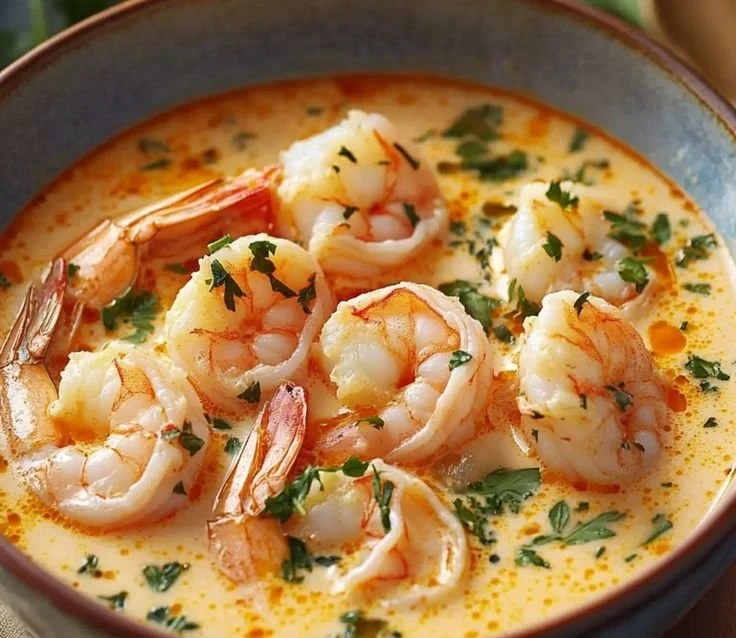 Bowl of creamy seafood soup with tender shrimp and fresh herbs