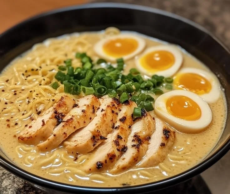 Bowl of creamy spicy chicken ramen topped with green onions and chili flakes