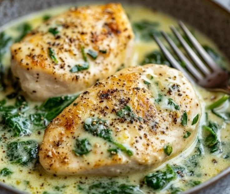 Delicious creamy spinach parmesan chicken skillet recipe with tender chicken and spinach