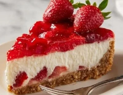 Delicious creamy strawberry cheesecake slice topped with fresh strawberries