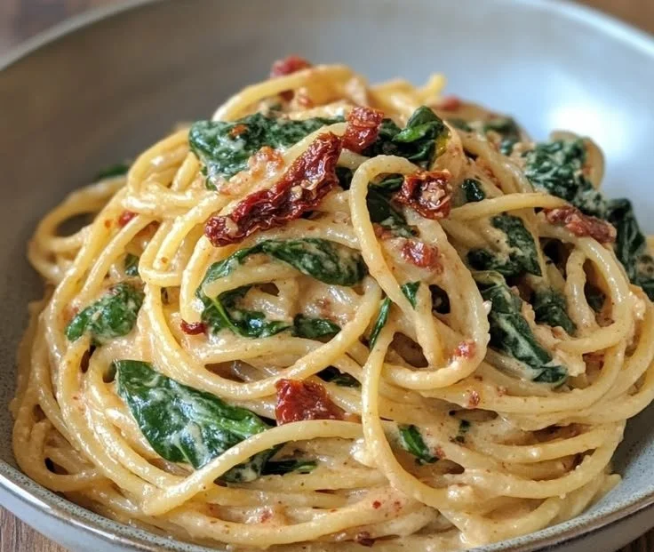 Creamy sun-dried tomato and spinach pasta dish
