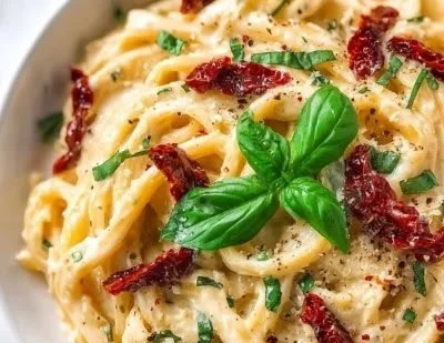 Creamy sun-dried tomato pasta dish garnished with fresh herbs