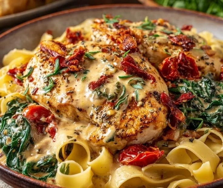 Delicious creamy Tuscan chicken pasta served with fresh herbs and sun-dried tomatoes.