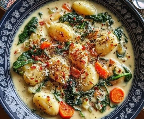 Bowl of creamy vegetarian gnocchi soup with vegetables and herbs