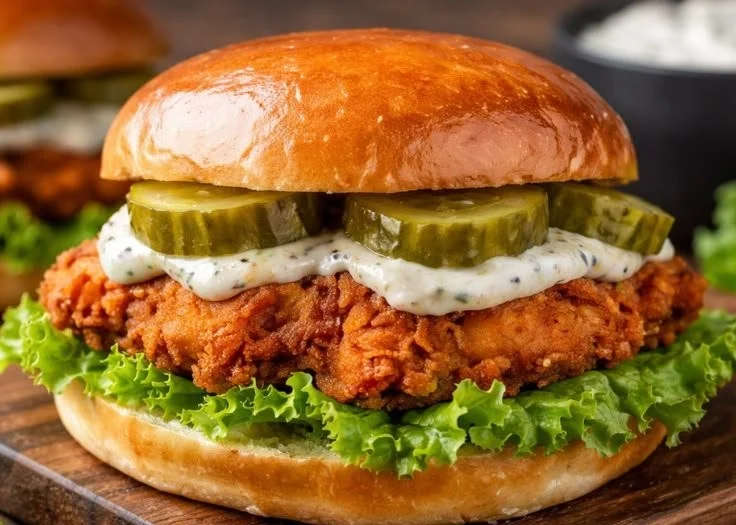 Crispy chicken sandwich with pickled slaw on a wooden plate