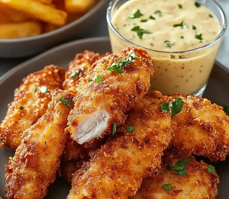 Crispy Crack Chicken Tenders served with dipping sauce