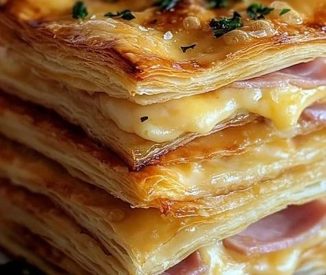Crispy Ham & Cheese Puff Pastry stacks served on a plate
