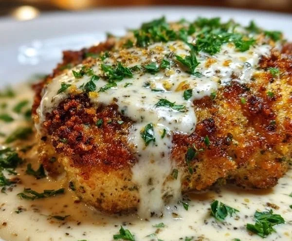 Delicious crispy Herb-Crusted Chicken Romano with Parmesan cream sauce