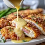 Crispy Malibu Chicken with Ham and Swiss served on a plate
