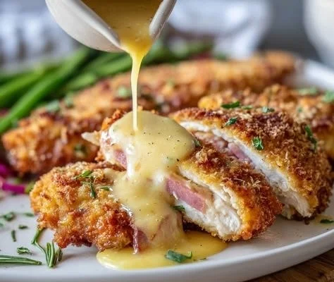 Crispy Malibu Chicken with Ham and Swiss served on a plate