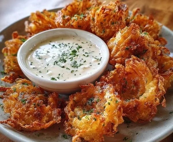 Crispy mini bloomin' onions with creamy ranch dip for a delicious appetizer