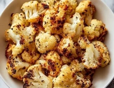 Crispy Roasted Cauliflower with Cheddar and Parmesan garnished on a plate