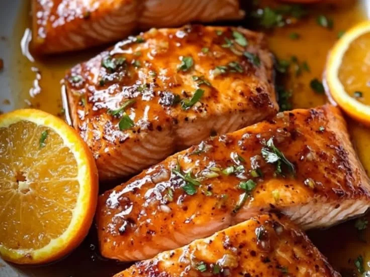 Plate of crispy salmon topped with honey-orange glaze garnished with herbs