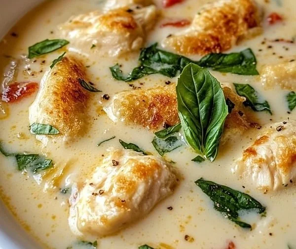 Bowl of Crock Pot Creamy Chicken Parmesan Soup garnished with herbs