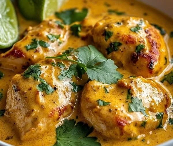 Crockpot Coconut Curry Chicken dish served in a bowl with fresh herbs