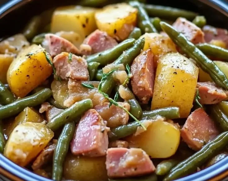 Crockpot ham served with green beans and potatoes in a rustic bowl